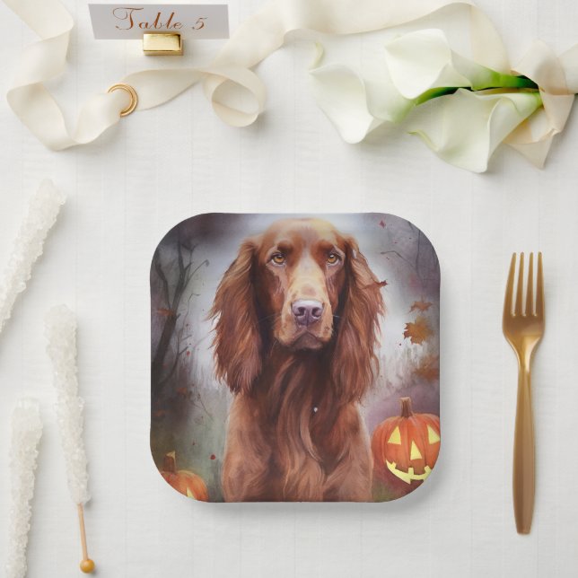 Halloween Irish Red Setter With Pumpkins Scary  Paper Plates (Wedding)