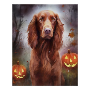 Halloween Irish Red Setter With Pumpkins Scary Poster