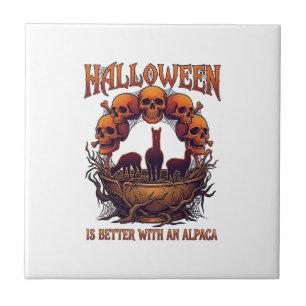 Halloween Is Better Alpaca Orange Skulls Spider We Ceramic Tile