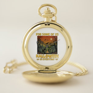 Halloween Is Everyday Graveyard Zombies Bonfire Pu Pocket Watch