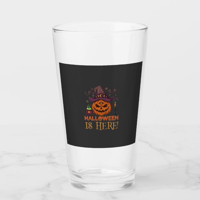 Halloween Is Here Pumpkin Witch Hat Magic Cauldron Glass (Front)