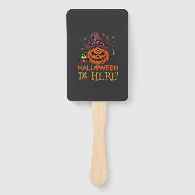 Halloween Is Here Pumpkin Witch Hat Magic Cauldron Hand Fan (Front)