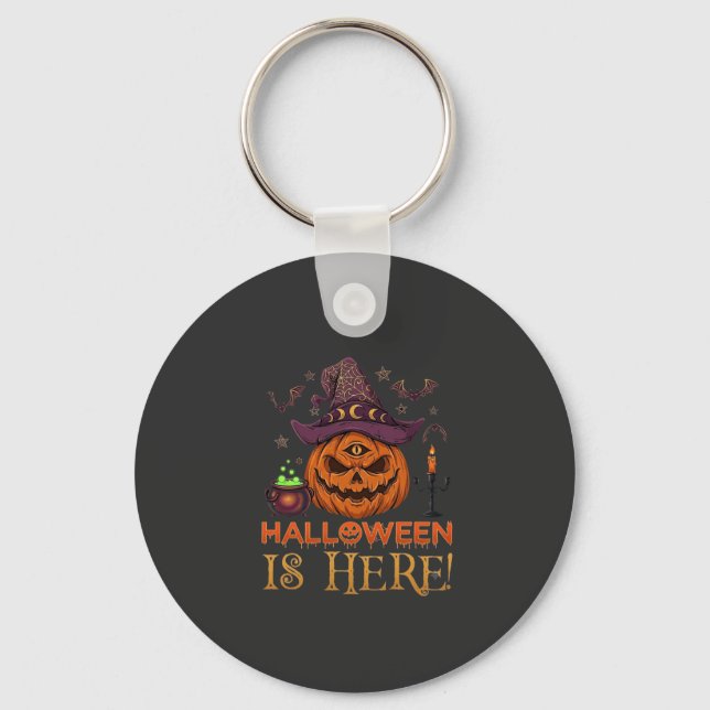 Halloween Is Here Pumpkin Witch Hat Magic Cauldron Keychain (Front)