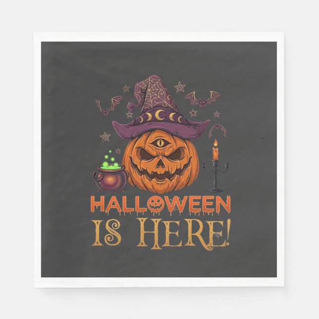 Halloween Is Here Pumpkin Witch Hat Magic Cauldron Napkins (Front)