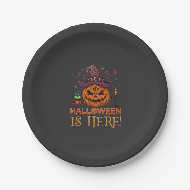 Halloween Is Here Pumpkin Witch Hat Magic Cauldron Paper Plates (Front)