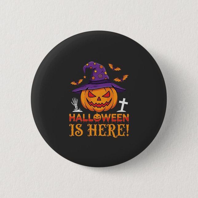 Halloween Is Here Witch Pumpkin Vector Button (Front)