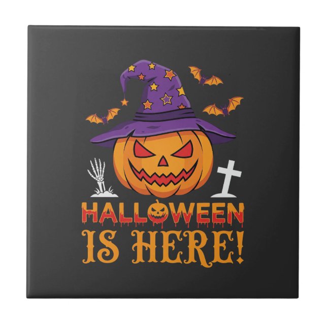 Halloween Is Here Witch Pumpkin Vector Ceramic Tile (Front)