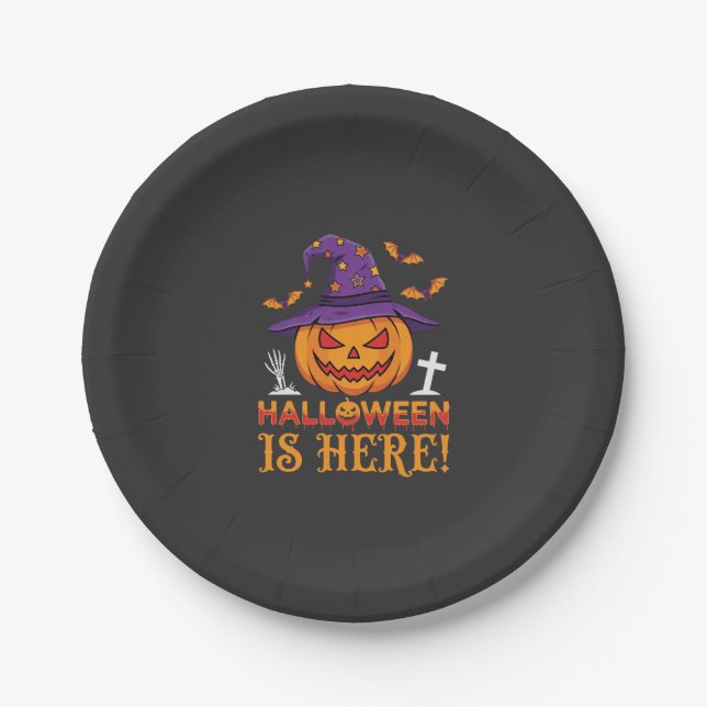 Halloween Is Here Witch Pumpkin Vector Paper Plates (Front)