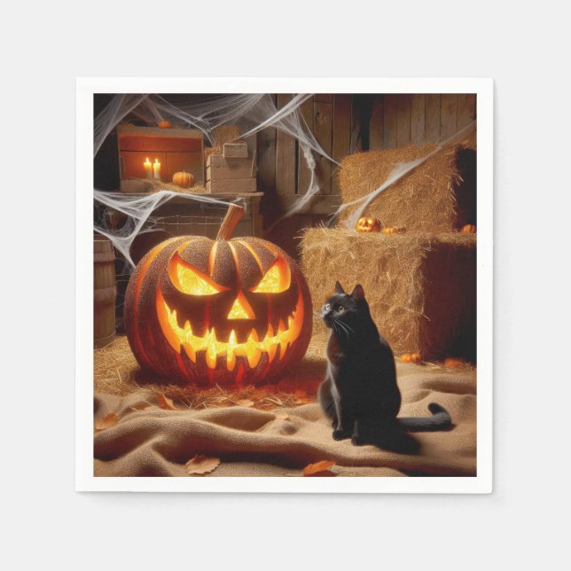 Halloween Jack-o-Lantern and Cat In Barn Napkins (Front)