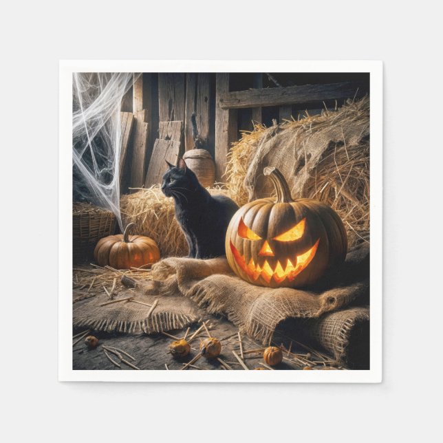 Halloween Jack-o-Lantern and Cat In Barn Napkins (Front)