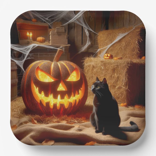 Halloween Jack-o-Lantern and Cat In Barn Paper Plates (Front)