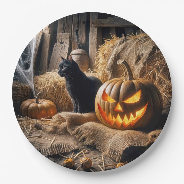 Halloween Jack-o-Lantern and Cat In Barn Paper Plates (Front)