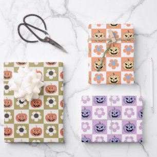 Halloween Jack-o-lantern and daisy checkerboard Wrapping Paper Sheets