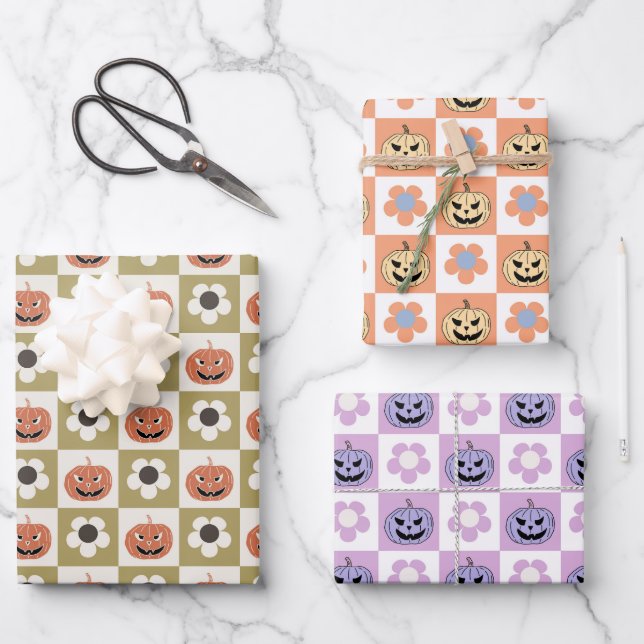 Halloween Jack-o-lantern and daisy checkerboard Wrapping Paper Sheets (Front)