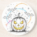 Halloween Jack-O&#39;-Lantern &amp; Bats Sketch Drawing Coaster