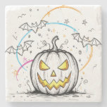 Halloween Jack-O&#39;-Lantern &amp; Bats Sketch Drawing Stone Coaster