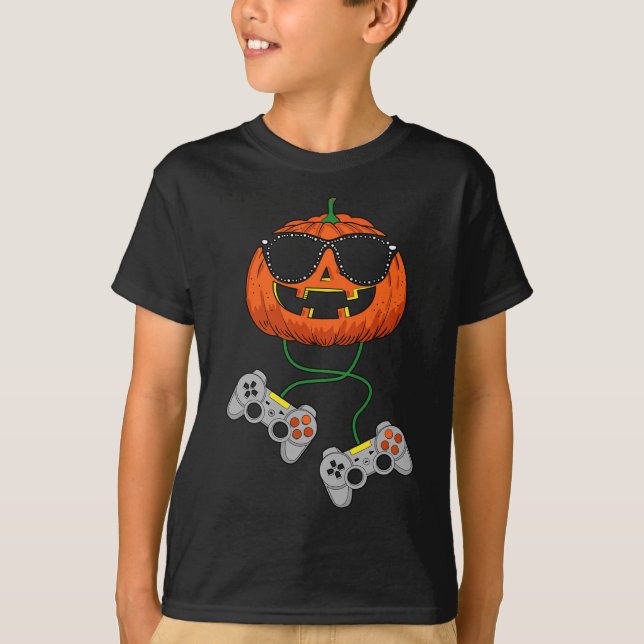 Halloween Jack O Lantern Gamer Boys Kids Men Fun H T-Shirt (Front)