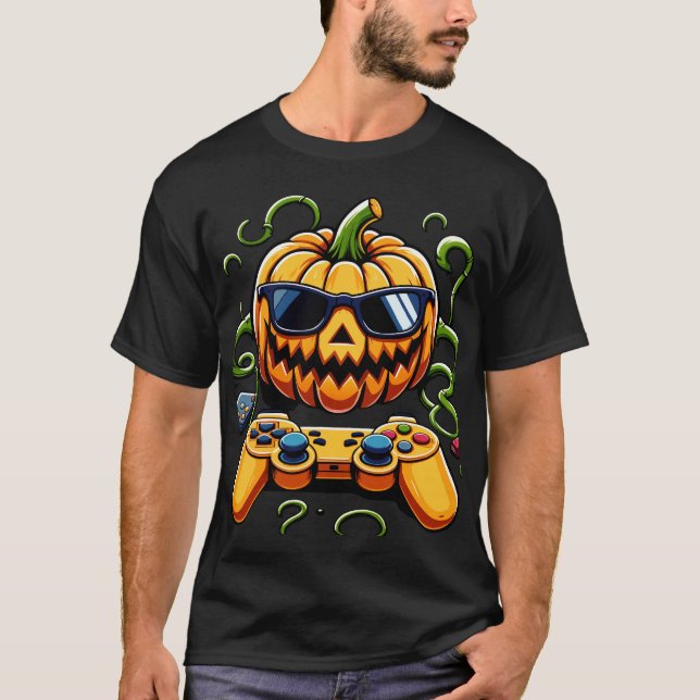 Halloween Jack O Lantern Gamer Boys Kids Men Funny T-Shirt (Front)