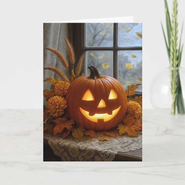 Halloween Jack-o-Lantern In Autumn Flowers Card (Front)
