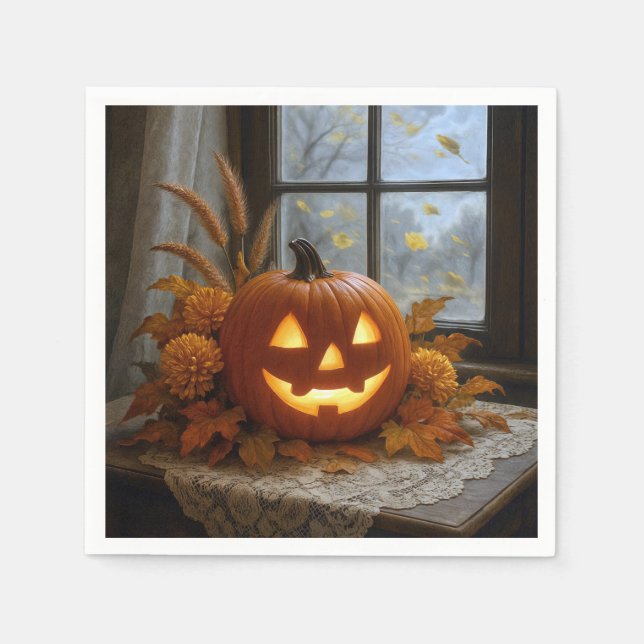 Halloween Jack-o-Lantern In Autumn Flowers Napkins (Front)
