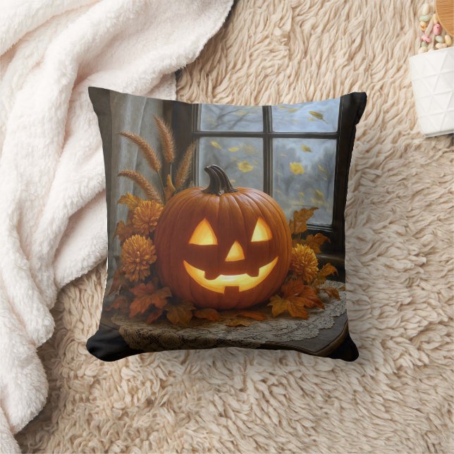 Halloween Jack-o-Lantern In Autumn Flowers Throw Pillow (Blanket)