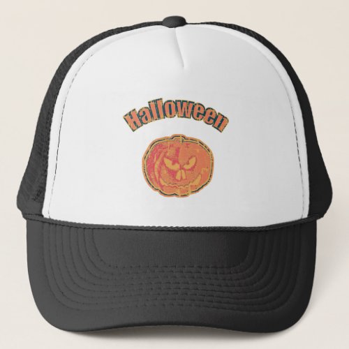 Halloween Jack O Lantern Lite Orange Worn Look Trucker Hat