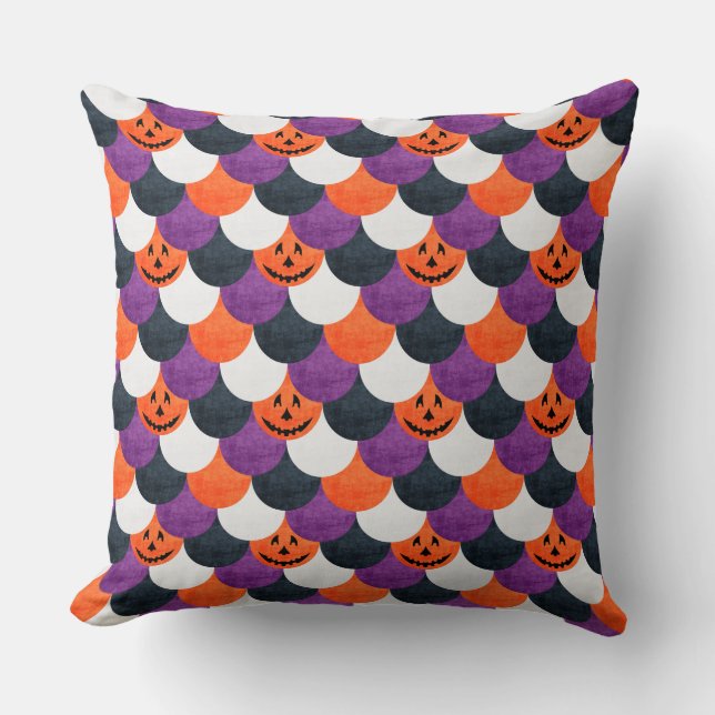 Halloween Jack-o’-Lantern Mermaid Scales Pattern Throw Pillow (Front)