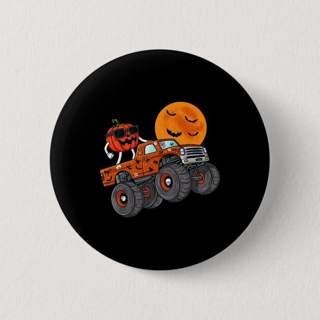 Halloween Jack O Lantern Monster Truck Toddler Boy Button (Front)