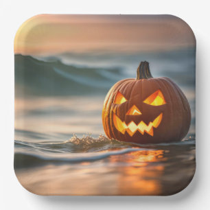 Halloween Jack-o-Lantern On Seashore Paper Plates