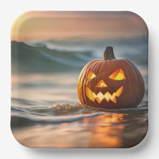 Halloween Jack-o-Lantern On Seashore Paper Plates (Front)
