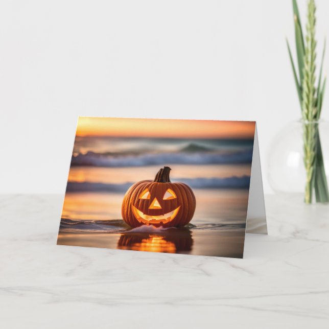 Halloween Jack-o-Lantern On The Beach Holiday Card (Front)