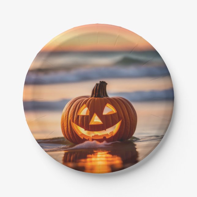 Halloween Jack-o-Lantern On The Beach Paper Plates (Front)