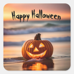 Halloween Jack-o-Lantern On The Beach Square Sticker