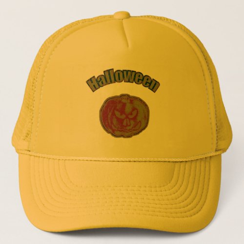 Halloween Jack O Lantern Orange Drab Worn Look Trucker Hat