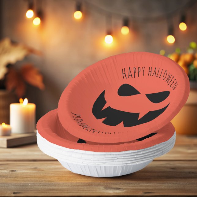 Halloween Jack O Lantern Orange Paper Bowls (Happy Halloween! Add your party details to these spooky pumpkin paper bowls!)