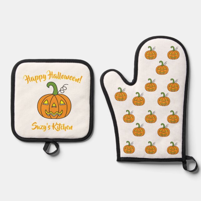 Halloween Jack-O-Lantern    Oven Mitt & Pot Holder Set (Front)