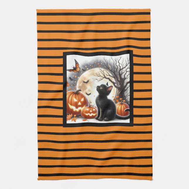 Halloween Jack O Lantern Pumpkin and Cat  Kitchen Towel (Vertical)