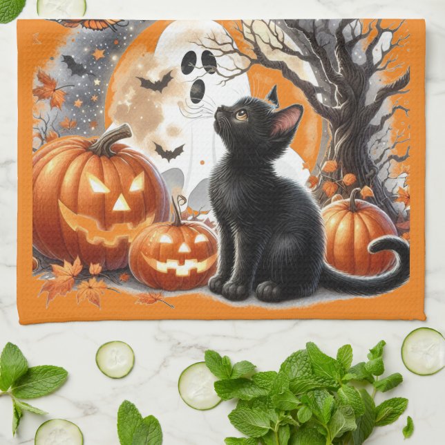 Halloween Jack O Lantern Pumpkin and Cat  Kitchen Towel (Folded)