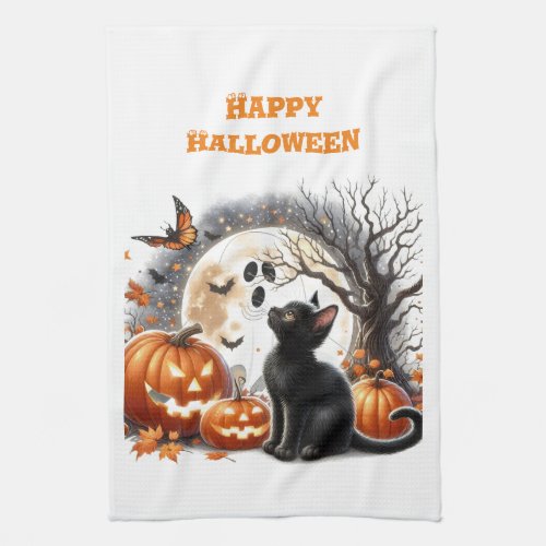 Halloween Jack O Lantern Pumpkin Cat White Kitchen Towel