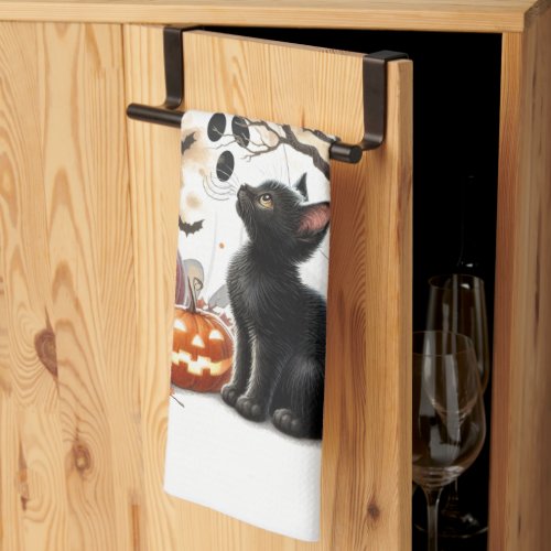 Halloween Jack O Lantern Pumpkin Cat White Kitchen Towel