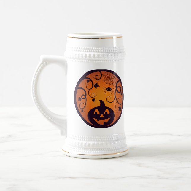 Halloween Jack o lantern pumpkin face and spider Beer Stein (Left)