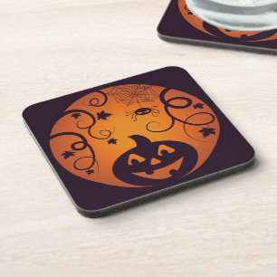 Halloween Jack o lantern pumpkin face and spider Beverage Coaster