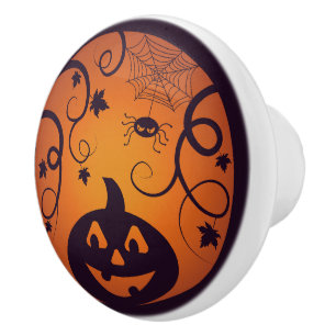 Halloween Jack o lantern pumpkin face and spider Ceramic Knob