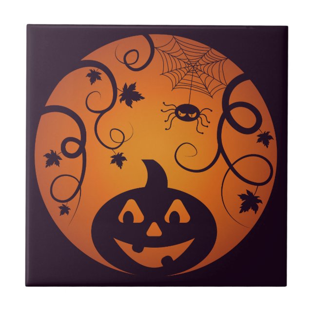 Halloween Jack o lantern pumpkin face and spider Ceramic Tile (Front)