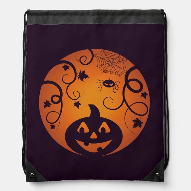 Halloween Jack o lantern pumpkin face and spider Drawstring Bag (Front)