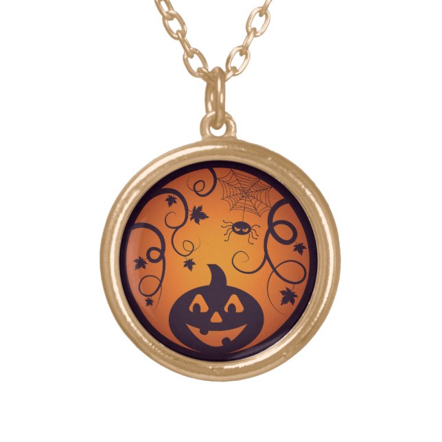Halloween Jack o lantern pumpkin face and spider Gold Plated Necklace (Front)