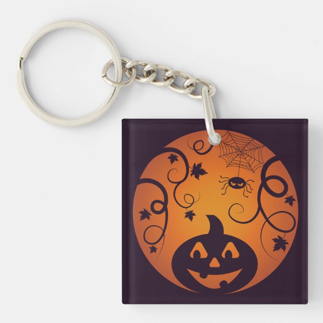 Halloween Jack o lantern pumpkin face and spider Keychain (Front)