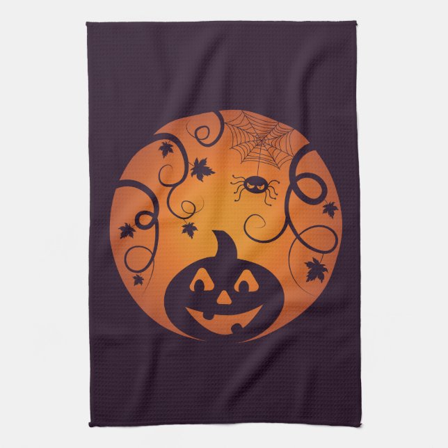 Halloween Jack o lantern pumpkin face and spider Kitchen Towel (Vertical)