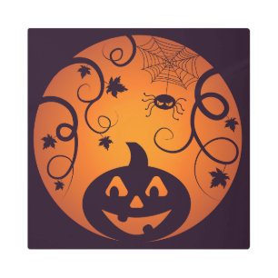 Halloween Jack o lantern pumpkin face and spider Metal Print