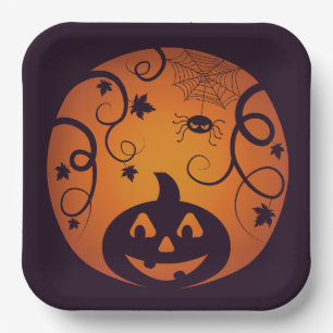 Halloween Jack o lantern pumpkin face and spider Paper Plates